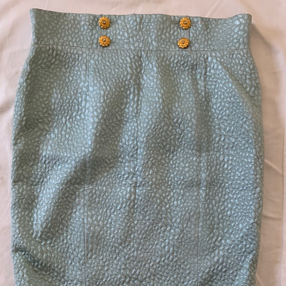 CHANEL RARE VINTAGE BLUE CAMELLIA GOLD BUTTONS QUILTED SKIRT 1980’s 40